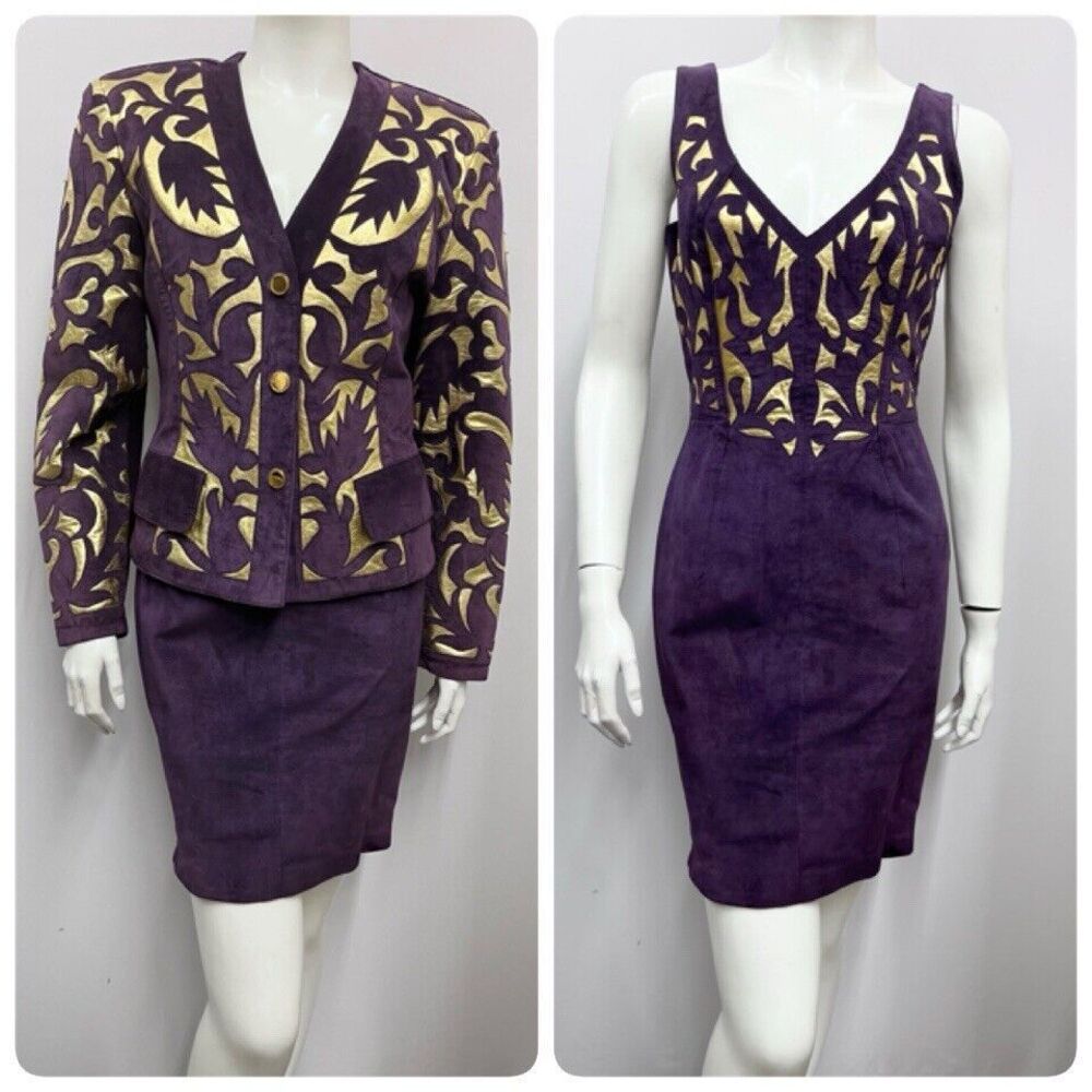 Vintage North Beach Leather Dress & Jacket Set Purple Suede Gold Leather 5/6 7/8